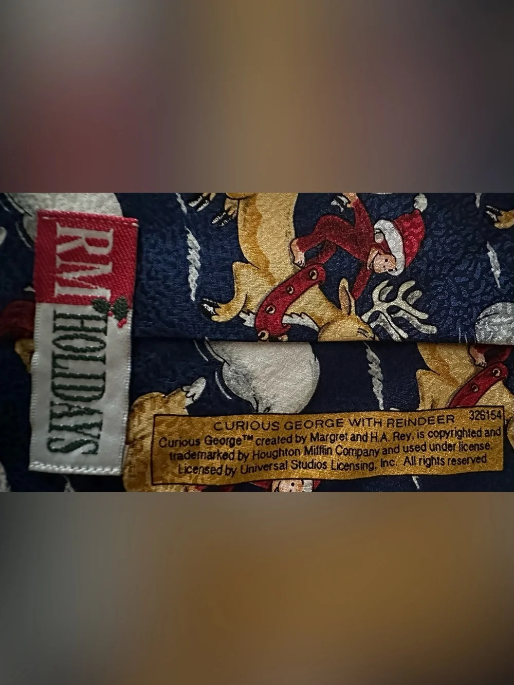 RM Holidays neck tie 100% silk Curious George with reindeer